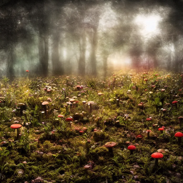 Image similar to a planet of various fungus like trees, mushrooms, flowers and plants, artistic photography, muted colors, conceptual, long exposure outside the city, volumetric light