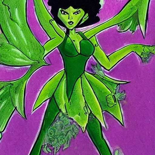 Prompt: Green Witch Walking, Garden, magical garden plant creatures, enchanted, life like plants, Drawn in the style of 1992 X-Men: The Animated Series, marvel comics by Jim Lee 1990's cartoon tv show, high detail, high accuracy