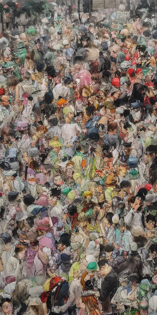 Prompt: oil painting scene crowd from blooming garden by kim jung gi