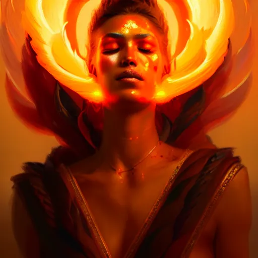 Image similar to a beautiful portrait of a fire goddess with closed eyes by Greg Rutkowski and Raymond Swanland, Trending on Artstation, Flaming Background, ultra realistic digital art