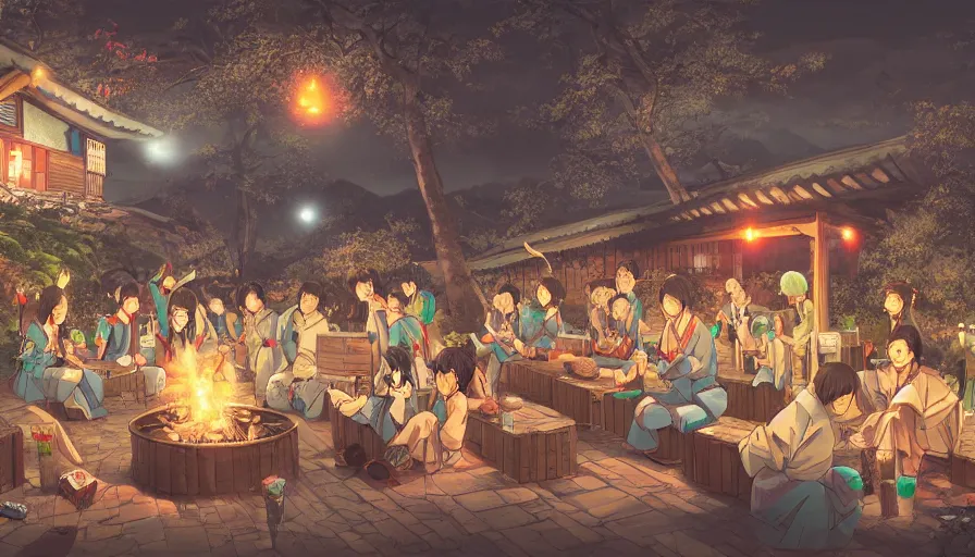 Image similar to party in a japanese village built in green mountains, fireplace, banquet, fireworks, lights at night, moon, manga style, hyperdetailed, artstation, cgsociety, 8 k