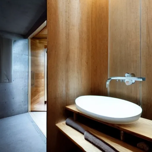 Image similar to a nice wooden bathroom , sink placed in a long wooden corner, wide horizontal window with a view to the Alpes, a technologic Japanese toilet, dichroic lights on the ceiling