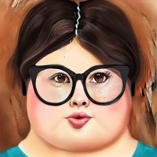 Prompt: fat brunette woman with messy hair in a short bob, round face, big cheeks, large glasses, romanian heritage, brown almond-shaped eyes, olive skin, round nose, big chin, wide face, no bangs, digital art, painterly, cartoon, cute, 8k, illustration, art by loish, painterly, trending on artstation, medium shot, uncropped