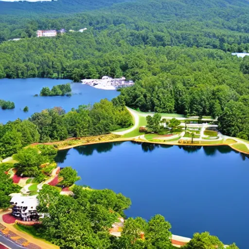 Prompt: A beautiful resort alongside a lake in Maryland. The lake also has sand surrounding it. The sun is shining and can be seen reflecting off of mountains in the distance
