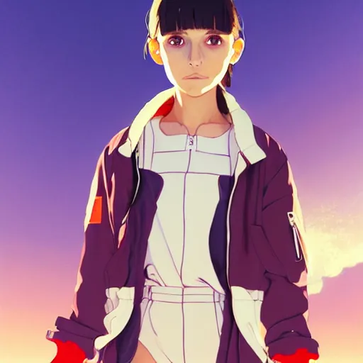 Image similar to a beautiful boyish natalie portman gravure model, wearing oversized mayan bomber jacket and leotard with overalls, bulky poofy bomber jacket with mesoamerican patterns, mesoamerican street fashion, gapmoe yandere grimdark, trending on pixiv fanbox, painted by greg rutkowski makoto shinkai takashi takeuchi studio ghibli, akihiko yoshida