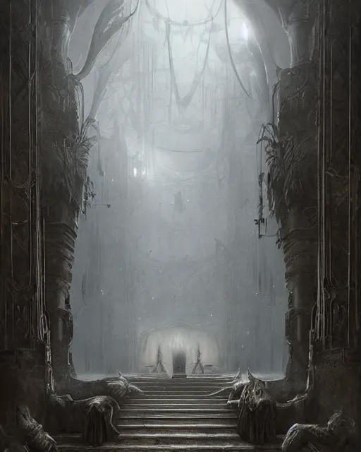 Prompt: fantasy, inside the king's hall wolves and their treasures, ethereal, ominous, misty, 8 k, by h. r. giger greg rutkowski