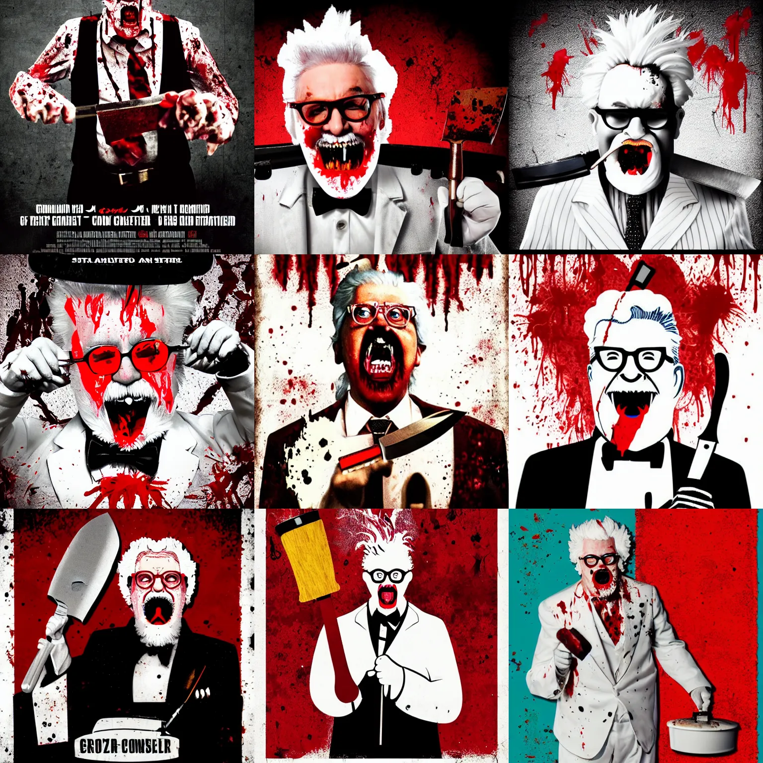 Prompt: horror film poster. crazy colonel sanders with sharp teeth. holding a meat cleaver. blood splatter background realistic.