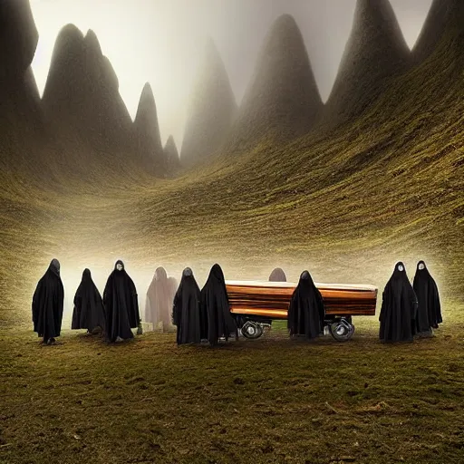 Image similar to A beautiful art installation of a coffin being carried by six men through an ethereal, otherworldly landscape. The coffin is adorned with a relief of a skull and crossbones, and the men are all wearing hooded cloaks. The landscape is eerie and foreboding, with jagged rocks and eerie, glowing plants. slow shutter speed by Jeffrey Smith haunting