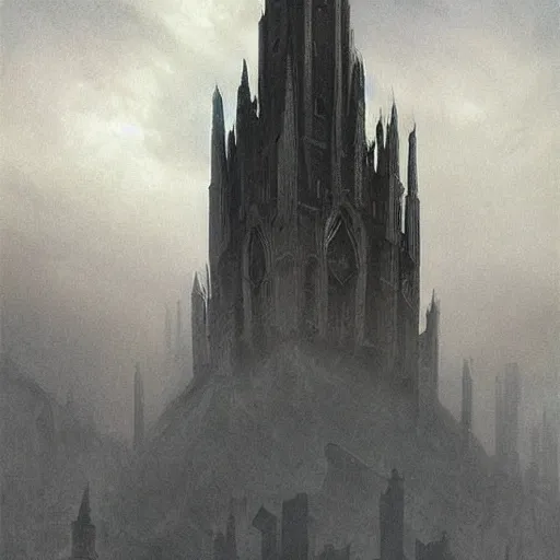 Image similar to an ultra detailed matte painting of a lonely and impossibly tall ominous gothic dark citadel tower of the evil patriarch, elevated high above the city, in a river elevated high above the city, fantasy capital city, ultrawide lense, aerial photography, scary thunderstorm, light fog, volumetric lighting, exquisite detail, 8 k, art by greg rutkowski and alphonse mucha