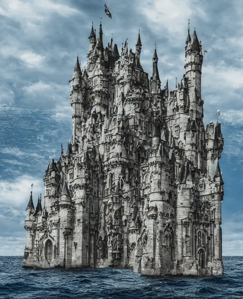 Prompt: photography of a gothic castle in the middle of the ocean, realistic, 8 k, detailed, 3 5 mm