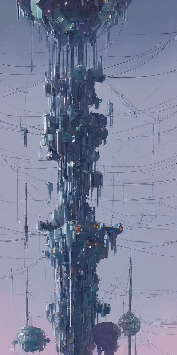 Image similar to tall space elevator with long tendrils, lots of hanging cables and antennas, sci - fi concept art, by john harris, by simon stalenhag, stunning, award winning