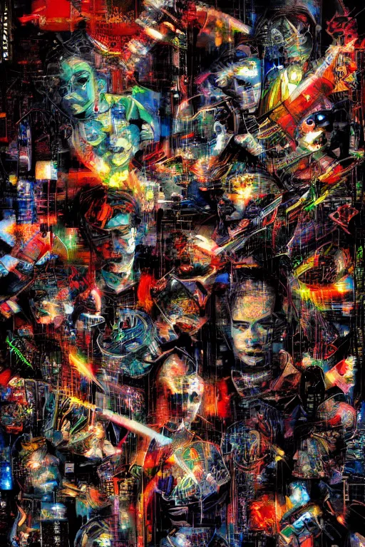 Image similar to a painting of a bunch of lights in the dark, cyberpunk art by Derek Gores, deviantart, psychedelic art, fractalism, psychedelic, cosmic horror
