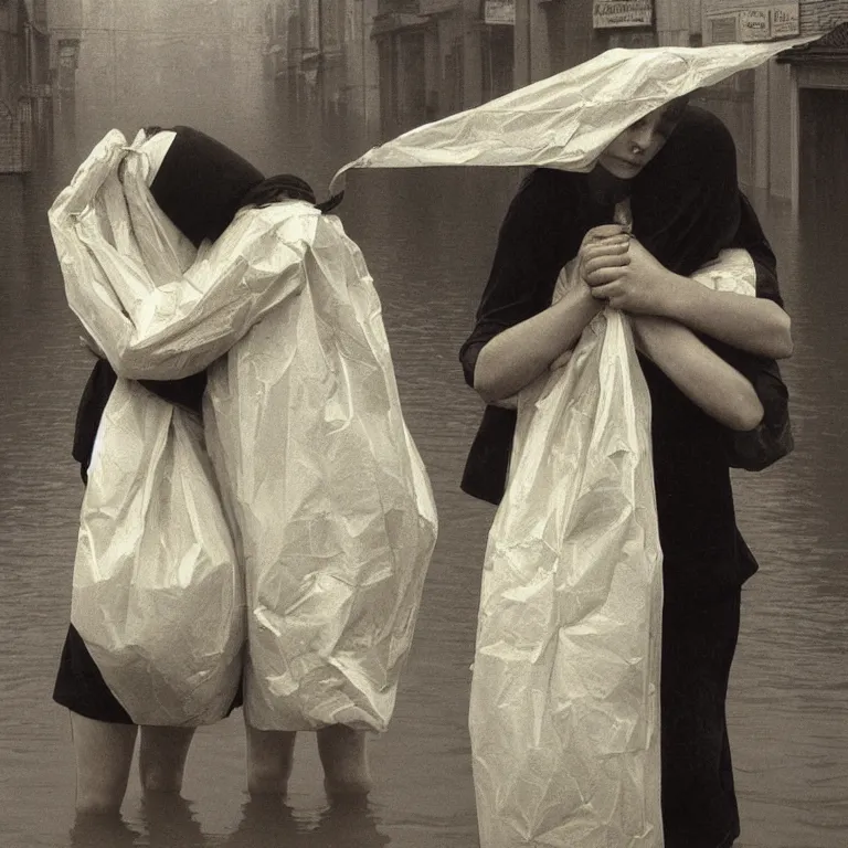 Image similar to two women hugging with a paper bag over the head dressed in plastic bags on flooded streets, highly detailed, artstation, art by, , edward hopper, Zdzislaw Beksinski, highly detailed