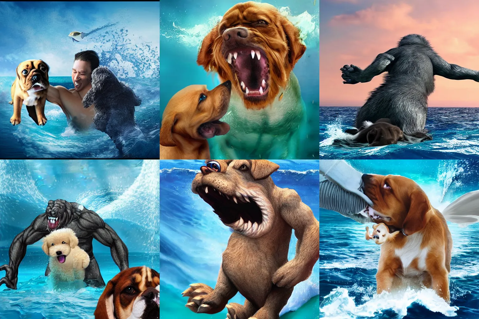 Prompt: a giant monster with on eye surfing in the ocean holding a puppy, still image, realism, photo-realistic,