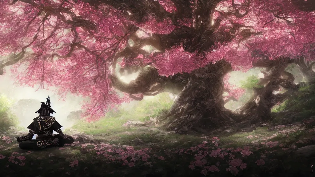 Image similar to beautiful painting of an armoured samurai meditating under a blossom tree, realistic, digital painting, concept art, matte painting, cinematic night lighting, 8 k, highly detailed, detailed terrain, trending artstation