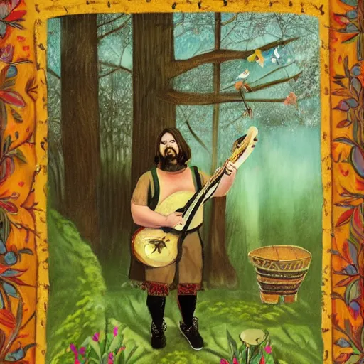 Image similar to Matt berry in a medeival fairy forest painting as a bard woodsman