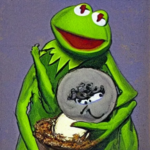 Image similar to “Kermit the Frog Devouring His Son” by Francisco Goya