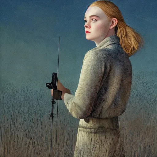 Image similar to Elle Fanning in the painted world of iRobot, head and shoulders masterpiece, apocalypse, golden hour, cosmic horror, artstation, in the style of Andrew Wyeth and Edward Hopper and Bosch, extremely detailed