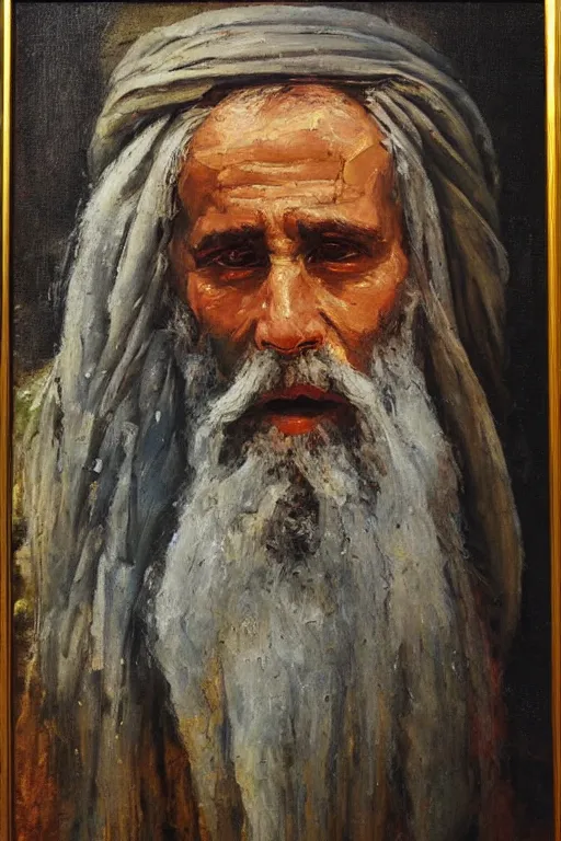 Image similar to highly detailed palette knife oil painting of a historically accurate depiction of the ancient biblical israeli prophet moses, thoughtful, by Peter Lindbergh, impressionistic brush strokes, painterly brushwork