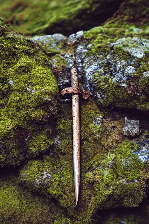 Image similar to a portrait of a rusty sword protruding from a rock, rust and corrosion, moss and vegetation, ancient forest, excalibur, close - up, intricate details, intricately detailed textures, warm lighting, vivid colors, smoke and mist, hyper realistic octane render, volumetric shading, depth of field, raytracing, 8 k,