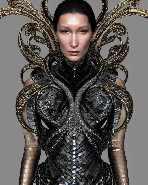 Image similar to a highly detailed metahuman 8 k close up render of bella hadid as a black snake renaissance in iris van herpen dress schiaparelli in diamonds crystals swarovski and jewelry iridescent in style of alphonse mucha gustav klimt trending on artstation made in unreal engine 4