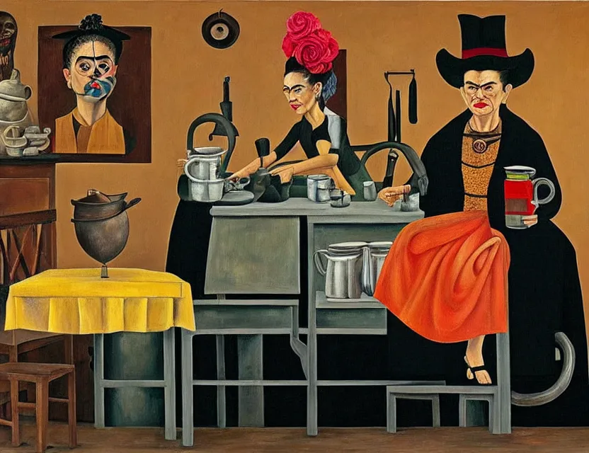 Image similar to a painting of a old and strange dusty professor in black suite and hat and a old woman making a study of drinking 1 0 cups of black coffee in 5 seconds in a kitchen that is melting, styled and painted by frida kahlo