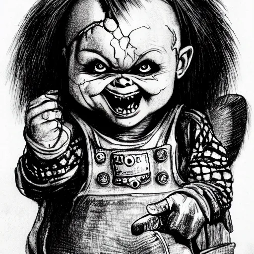 Prompt: drawing of chucky by judson huss and henriette grindat and albrecht durer | horror themed | creepy