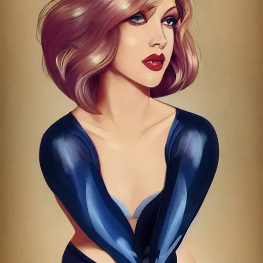 Image similar to a beautiful pin - up portrait of a beautiful cute superhero woman, blonde hair, bob haircut, matte navy - blue bodysuit, white cape, intricate, elegant, 8 k, highly detailed, digital painting, concept art, smooth, sharp focus, illustration, disney, artgerm and loish and wlop and alphonse mucha