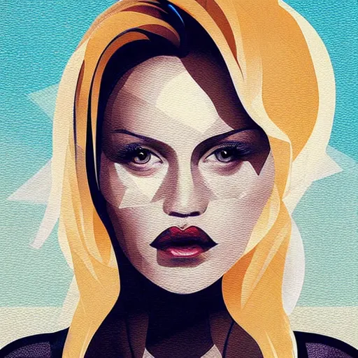 Image similar to alternative pamela anderson portrait look alike, cubism abstract, art by ross tran style reminiscent of illustrative children books, digital art