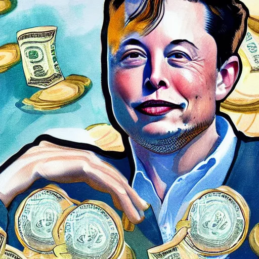 Image similar to painting of Elon Musk swimming in money and gold