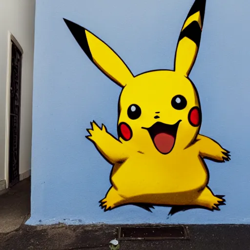 Image similar to pikachu spray painted on the wall, wide angle lens