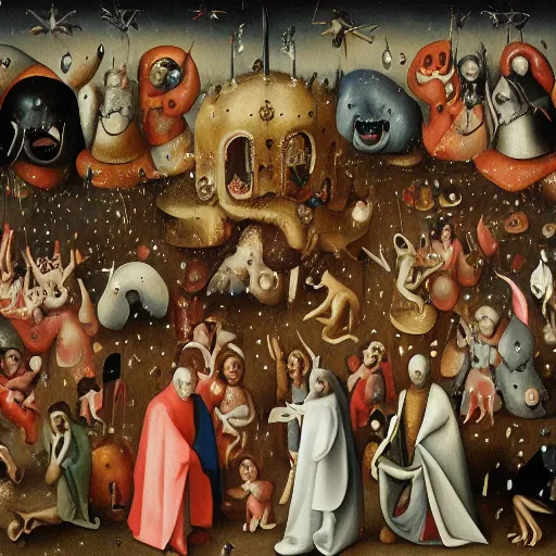 Image similar to disco party of demons and angels in hieronymus bosch style, hyper detailed, hyper realistic, dark humour