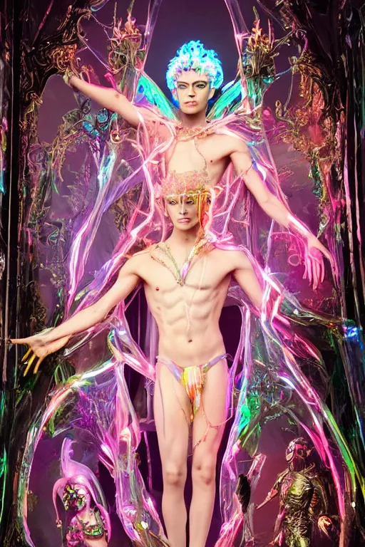 Image similar to full-body rococo and cyberpunk delicate neon crystalline sculpture of (((muscular slender prince Zayn Malik))) as an iridescent humanoid deity wearing a thin see-through ((plastic hooded cloak)) sim roupa (holding a human skull), reclining con (las piernas abiertas), glowing pink face, crown of (((white lasers))), large diamonds, swirling black silk fabric. futuristic elements. oozing glowing liquid, full-length view. space robots. intricate artwork by caravaggio. Trending on artstation, octane render, cinematic lighting from the right, hyper realism, octane render, 8k, depth of field, 3D