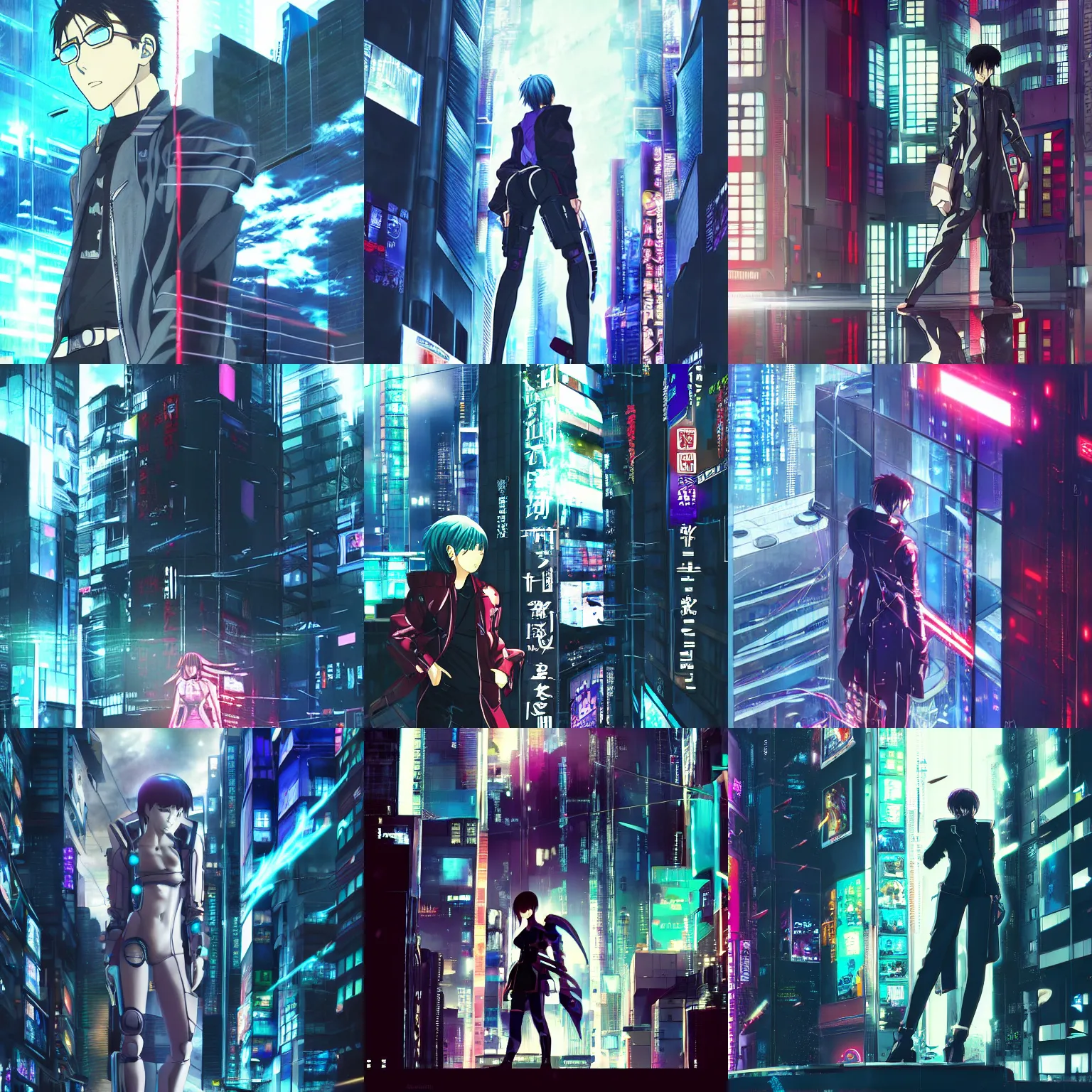 Prompt: anime movie poster of a cyberpunk android falling past a large windowed building that shows the android's reflection, anime, movie poster, wearing a leather trench coat, illustration, digital painting, matte painting, good value control, rule of thirds, ghost in the shell