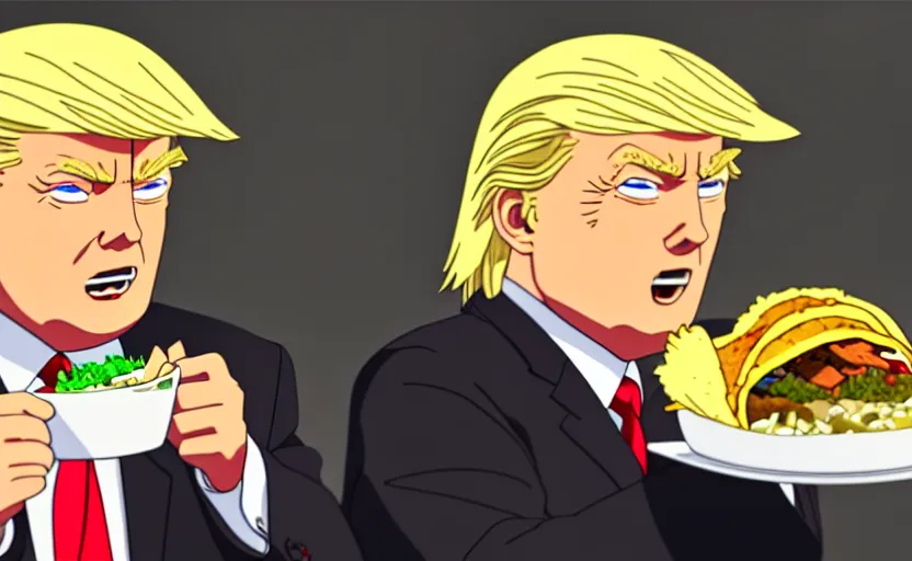 Image similar to beautiful makoto shinkai anime style digital film still portrait of donald trump eating a taco bowl, 4 k, 8 k, hd, high resolution, highly detailed, intricate detail, ultra realistic faces, digital art, trending on artstation, your name, weathering with you