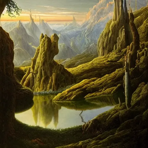 Image similar to a beautiful and highly detailed oil painting of a fantasy landscape by caspar friedrich, intricate details, epic scale, insanely complex, 8 k, sharp focus, hyper realism, psychedelic,