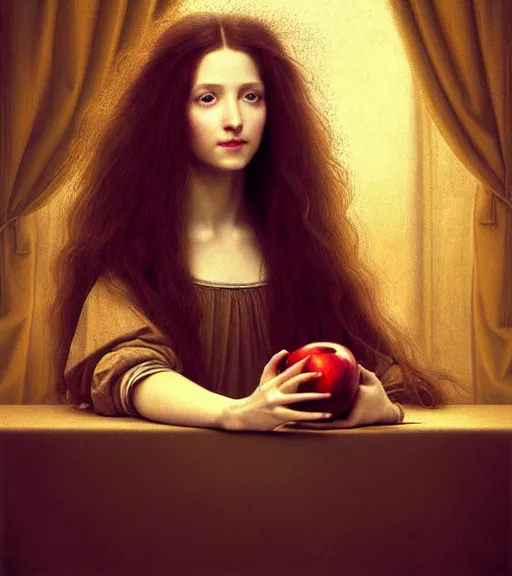 Prompt: portrait of a long - haired woman with an apple sitting upon a table with heightened detail, poised, intense emotion, detailed facial expression, detailed surroundings, intricate, elegant, highly detailed, centered, digital painting, artstation, concept art, smooth, sharp focus, illustration, by ( leonardo da vinci ), wlop