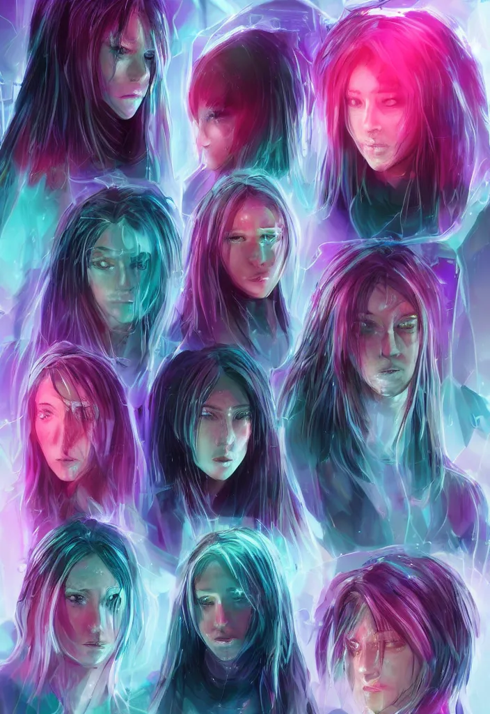 Prompt: neosynthetic spirit techwear, looking at camera, candid photography, luminous, concept character sheet, long hair, pastel red blue pallette, detailed eyes, exaggerated facial expressions