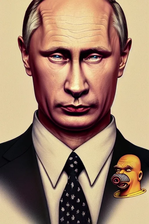 Image similar to vladimir putin as homer simpson from the simpsons, realistic portrait, symmetrical, highly detailed, digital painting, artstation, concept art, smooth, sharp focus, illustration, cinematic lighting, art by artgerm and greg rutkowski and alphonse mucha