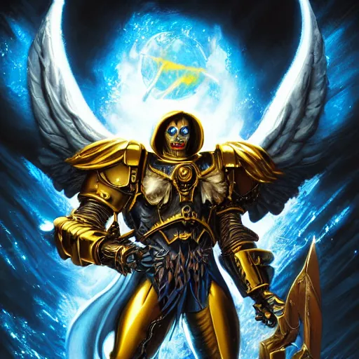 Prompt: TV poster of an animated movie starring Skeletor from he-man TV show in a Warhammer 40k gold Armour, with angel wings wide open, art by Artgerm and Dan Mumford, d&d style, fantasy, ultra detailed, octane render, soft light, concept art, digital art