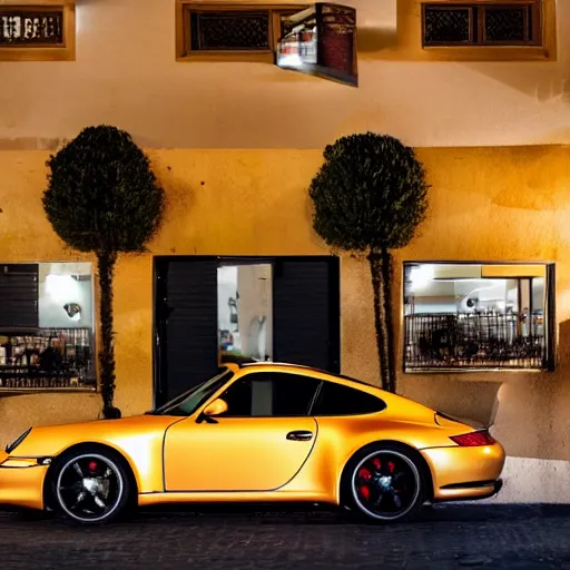 Prompt: Photo of a copper yellow Porsche 911 Carrera 3.2 parked in front of a cafe in Cyprus, night, moonlit, dramatic lighting, award winning, highly detailed