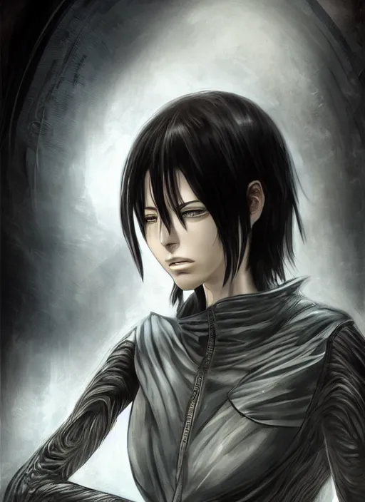 Prompt: Mikasa Ackerman, concept art, smooth matte, focused, illustration art style by Ian Spriggs and H R Giger