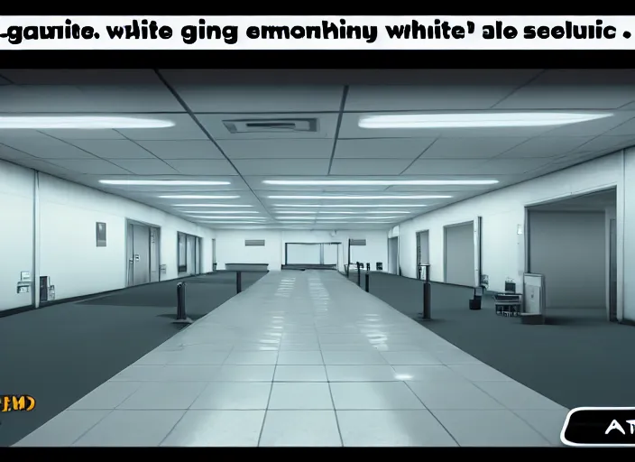 Image similar to in - game screenshot cctv footage of a large white empty breakroom with a security checkpoint, retrofuturist liminal space, familiar place, clean, black mold, amateur, unreal engine, photorealistic, trending on artstation