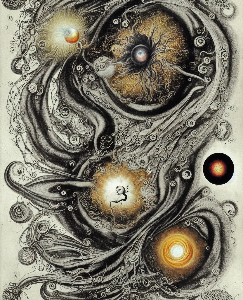 Image similar to whimsical uncanny creature alchemizes unique canto about'as above so below'being ignited by the spirit of haeckel and robert fludd, breakthrough is iminent, glory be to the magic within, to honor jupiter, painted by ronny khalil