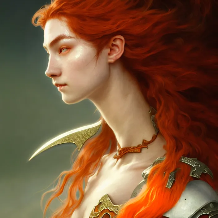 Prompt: head and shoulders portrait of a d & d ranger with her porcelain armor, chinese kangxi orange and white, volumetric lighting, fantasy, intricate, elegant, lifelike, photorealistic, artstation, concept art, sharp focus, by john collier and albert aublet and krenz cushart and artem demura and alphonse mucha