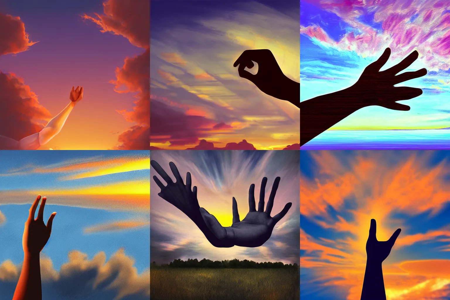 Prompt: A hand reaching out and pointing to the sky, first person perspective, wide angle, pretty sky at sunset, digital art painting