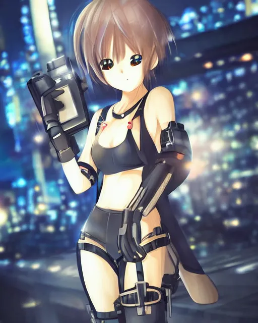 Image similar to full body portrait of anime girl in mechanic armor in night tokyo by makoto sinkai, perfect face, fine details
