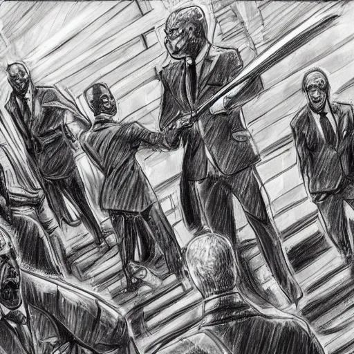 Image similar to highly detailed realistic sketch of UN members in suits yelling at a cyborg samurai, fear and anger in their eyes, colored , award winning , masterpiece on a scroll , post-processing