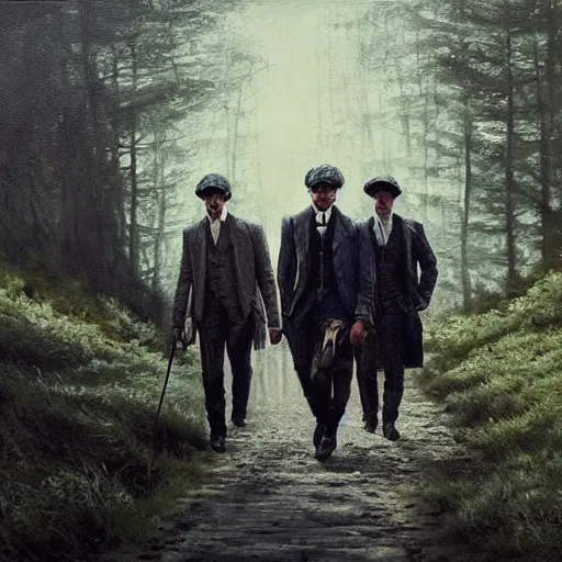 Prompt: Peaky Blinders gang, criminals, dramatic, running in the woods, summer, oil painting by Greg Rutkowski