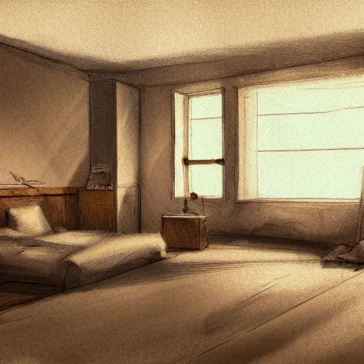 Prompt: hotel room, musty, ambient lighting, light shafts from window blinds, sun ray, dusty, moody, atmospheric, beautiful, abandoned room, motel room, artstation award, detailed, concept art, color sketch